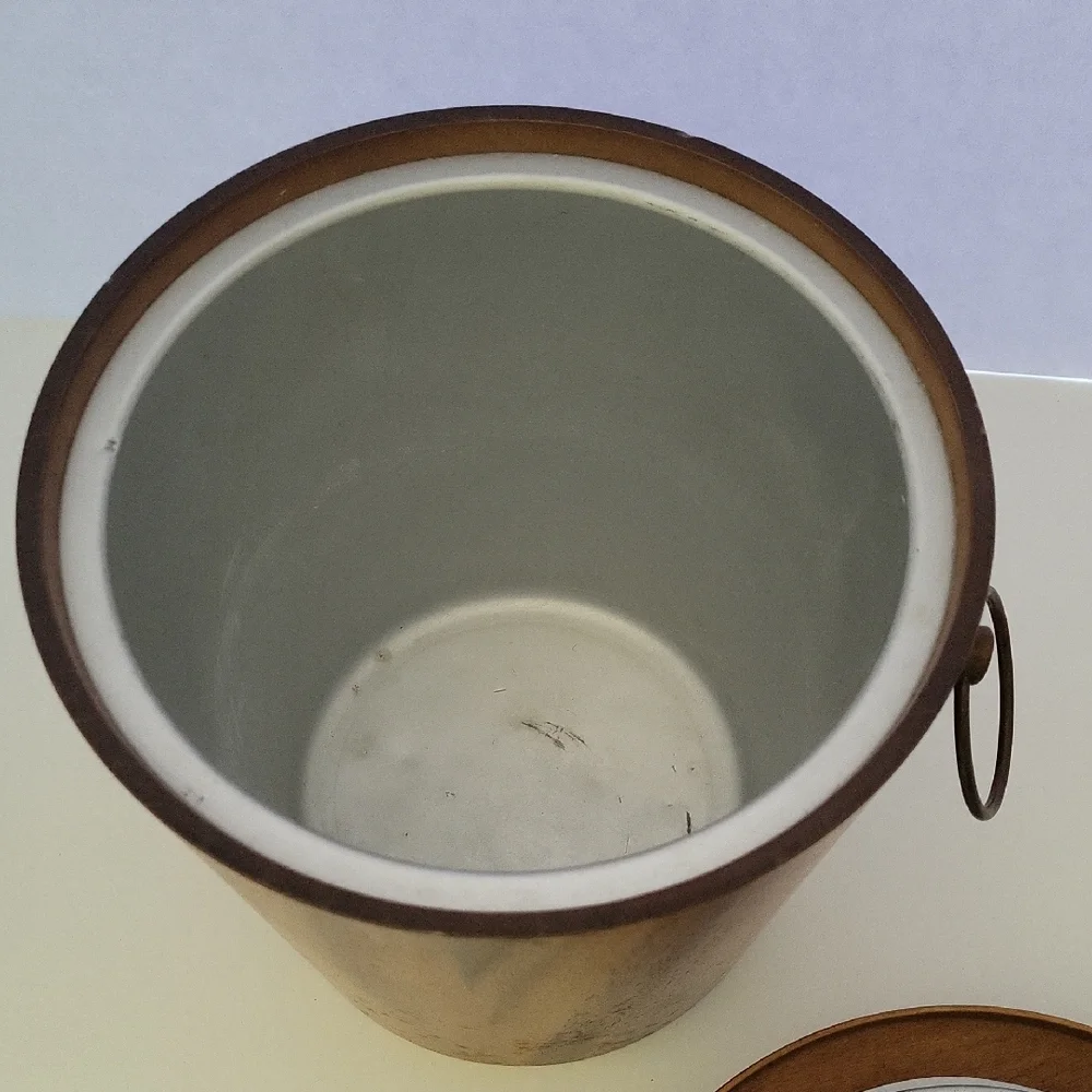 Vintage MCM KMC Teak Wood Ice Bucket W/ Brass Handles & Aluminum Lined